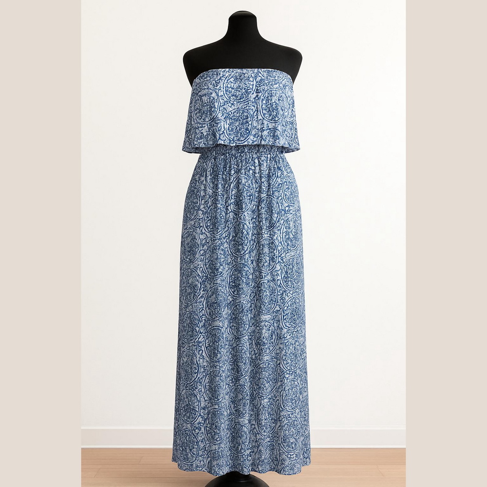 Yidarton Maxi Dress Blue and Cream Print - Medium NWT